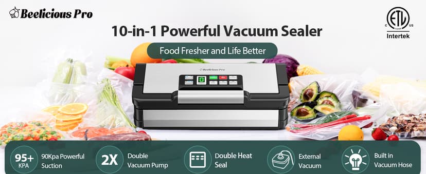 95kPa Vacuum Sealer Machine with AquaLock Technology, for Moist Seals, 2X Seal & 130W, Fully Automatic Food Sealer, Built-In Cutter, Bag Storage & Hose, Precision Sealing, 2 Bag Rolls,Stainless Steel