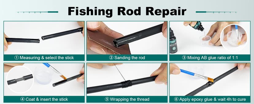Ailiaili Fishing Rod Repair Kit - 3-IN-1 Fishing Pole Complete Supplies Kit for Rod Tips, Fishing Rod & Guide Eyelets Replacement, with Epoxy Glue, Wrapping Thread and Other Fishing Accessories & Gear
