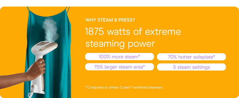 Conair Handheld Garment Steamer for Clothes, Turbo ExtremeSteam 1875W Fabric Steamer, Portable Handheld Design, Strong Penetrating Steam, White/Champagne