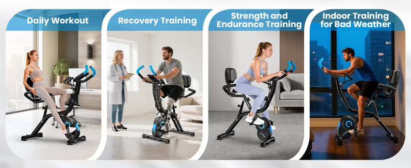 Foldable Exercise Bike, Multifunctional Indoor Stationary Bikes for Home with 8-Level Magnetic Resistance, Quiet Workout Bike with Arm Resistance Bands, LCD Monitor, 300LBS Capacity