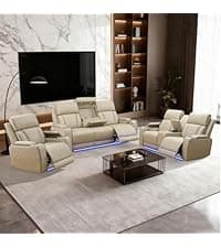 Saxum Tegmen Living Room Furniture Sets, Leather Recliner Sofa, Sectional Sofa Set with Convertible Table & Cup Holders, 3 Pieces Furniture for Living Room/RV/Office (3 Pieces Set, Brown Leather)