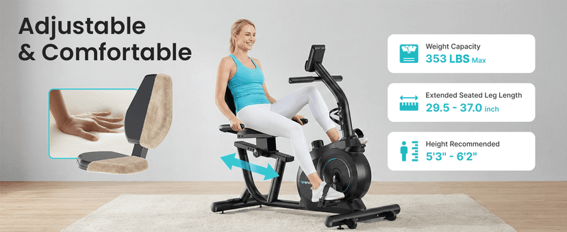Recumbent Exercise Bike for Home, Quiet Recumbent Stationary Bike with App Sync, 16-Level Magnetic Resistance, Adjustable Seat & LCD Monitor for Adults and Seniors