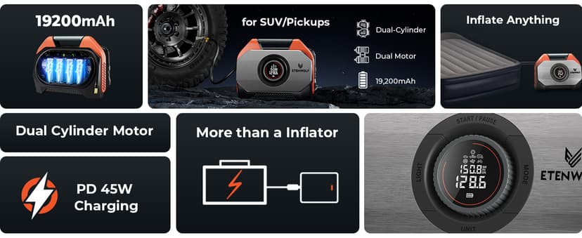 with 19200mAh for Heavy duty Vehicle, Car & Inflatables, 100% Duty Cycle & Dual Cylinder, Bike Pump with LED Backlight,Orange ETENWOLF VORTEX S6 Tire Inflator Portable Air Compressor, Cordless Air Pump B0CGLTPKBZ