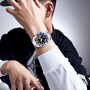 FANMIS GMT Master Sapphire Glass Blue and Black Ceramic Bezel Men's Silver Automatic Watch