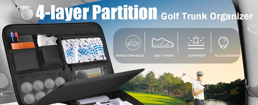 Golf Trunk Organizer, Waterproof Car Golf Locker with Separate Ventilated Compartment for 2 Pair Shoes, Golf Storage for Balls, Tees, Cap, Clothes, Gloves, Accessories, Gifts for Men, Women