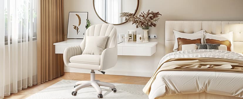 Mid Back Velvet Vanity Chair Swivel Rolling Desk Chair with Wheels, Modern Upholstered Makeup Chair for Women Girls, Computer Task Chair for Bedroom Living Room Office, White