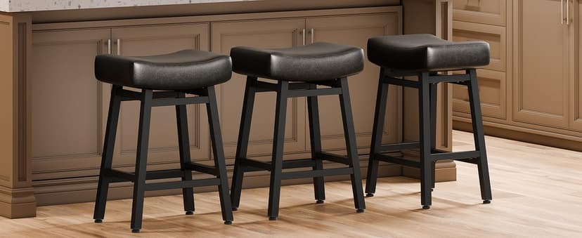 Counter Height Bar Stools Set of 2, 24 Inch Backless BarStools for Kitchen Island Leather Saddle Bar Chairs Kitchen Stools with 4" Thick Seats & Heavy Duty Metal Base, Black