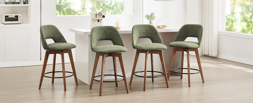 Zesthouse Swivel Farmhouse Bar Stools Set of 4, 26" Modern Counter Stools with Open Back & Natural Wood Legs, Upholstered Linen Fabric Counter Height Barstools, High Chairs for Island Kitchen, Green