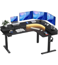 HUANUO 63″ L-Shaped Standing Desk, Built-in Power Outlets, Electric Height Adjustable Corner Computer Desk, Large Power Strip Holder, Sit Stand Up Desk with 3 Preset Heights, Vintage Brown