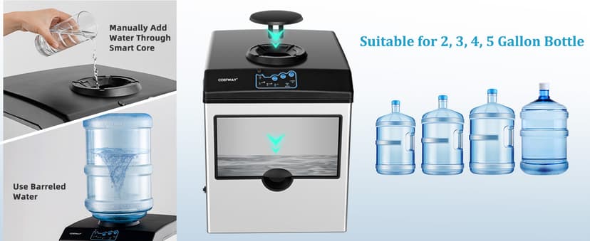 COSTWAY 2 in 1 Countertop Ice Maker Built-in Water Dispenser, 48LBS per Day, S/M/L Size Ice Cube, 5LBS Ice Storage Basket, Fast 6 Mins, Stainless Steel Ice Machine with Extendable Chilled Water Spout