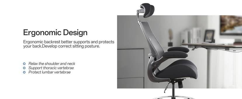 BOLISS Drafting Tall Office Chair 400lbs High Back Wide Standing Desk Chair Comfortable with Flip up Armrests Lumbar Support Adjustable Big Footrest Ring(Black)