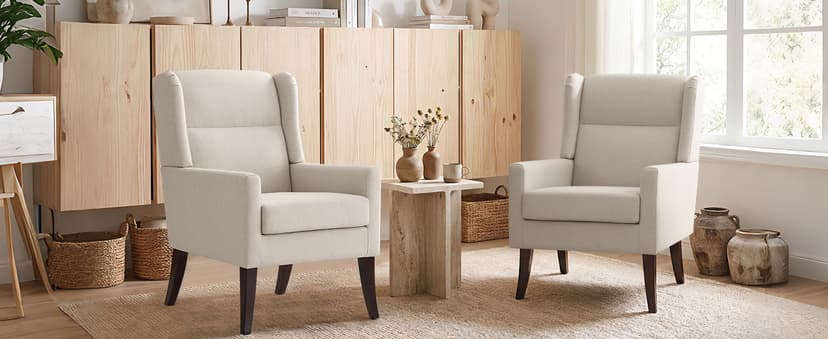Zihanhome High Back Living Room Chairs, Fabric Accent Chair, Comfy Upholstered Armchair with Wooden Legs for Living Room, Bedroom, Apartment (1, Beige)