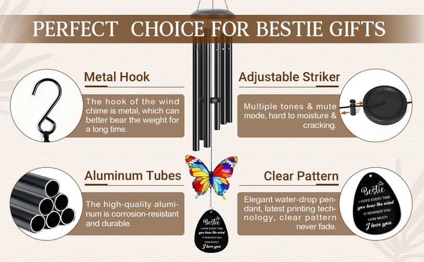 Best Friend Birthday Gifts for Women, Bestie Birthday Gifts for Women, Friendship Gift for Woman, Unique Bestie Gift Ideas for Woman Female Friend BFF, Butterfly Home Decor, Bestie Wind Chimes B0G1X9K44Y