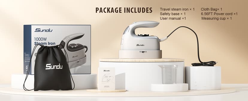 Sundu Mini Travel Iron with Steam,1000W Portable Non-Stick Soleplate Steam Samll Iron for Quilting & Sewing,300 Microsteam Holes,90ml water tank,lockable safety base,Digital Temperature Control-Silver
