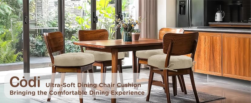 Codi Dining Chair Cushions 4 Pack, Thick Chairs Pads for Indoor Kitchen Room - Washable, Non-Slip Memory Foam Seat Cushion with Ties, 16.5"x16.5"x 3.5", Set of 4, Beige New