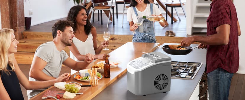 Portable Countertop Ice Maker Machine with Handle, 9 Bullet-Shaped Ice Cubes Ready in 6 Mins, 26Lbs/24H, Self-Cleaning Function with Ice Scoop and Basket for Home/Kitchen/Party (Grey)