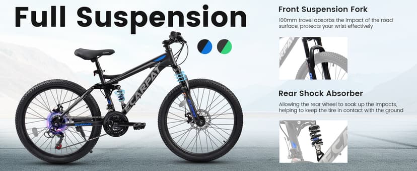 Ecarpat 24/26/27.5 Inch Mountain Bike, Full/Front Suspension Mens Boys Mountain Bike with 21 Speed Steel Frame and Dual Disc Brakes, Adult Sport Bicycle for Trail City Road, Gift Choice