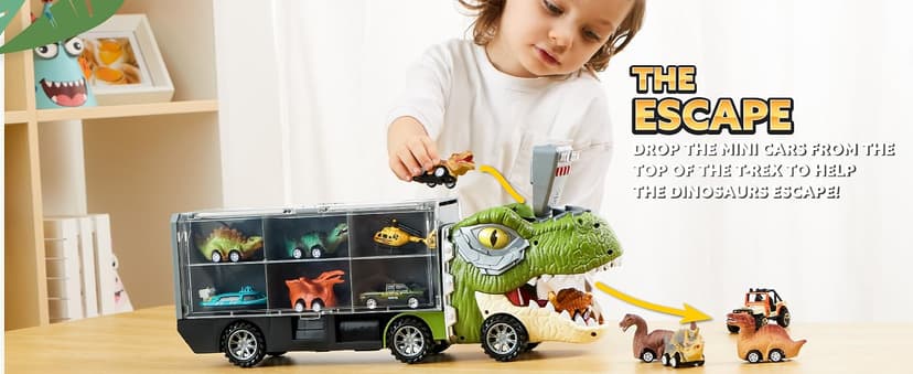 JOYIN 13 in 1 Dinosaur Toys for Kids 3-5, Dinosaur Truck with 12 Pull Back Cars, Birthday Gifts Toys for 3 4 5+ Year Old Boy, Transport Carrier Truck for Toddlers, Christmas Great Gifts for Grandkids