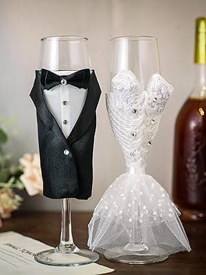 4 Piece Wedding Reception Supplies Wedding Toasting Flutes and Cake Server Set -2 Champagne Glasses, 1 Cutting Knife and 1 Pie Server, Bride and Groom Gifts Wedding Gifts (Gorgeous)