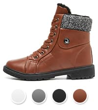 FRACORA Women's PU Leather Combat Boots Warm Fur Lined Black Ankle Booties Side Zipper White Boots Non-slip Winter Boots