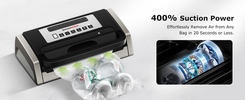 Bonsenkitchen Vacuum Sealer Machine, Globefish Technology for Perfect Vacuum Sealing, Powerful Low-Noise Food Vacuum Sealer with Easy Handle Design, Built-in Cutter & Bag Storage, 1 Bag Roll & 10 Bags