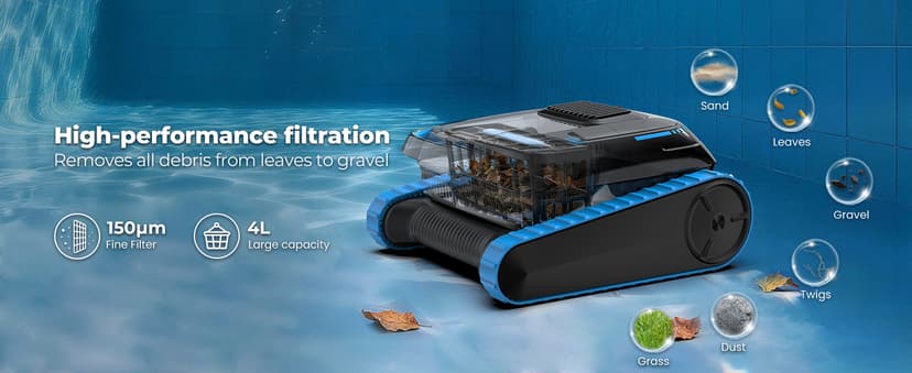 Cordless Robotic Pool Cleaner, 5,000 GPH with 150μm Filter, Floor/Wall/Waterline Cleaning, Smart Zigzag Navigation, 5,200mAh Battery, App-Controlled Presets for Inground & Above Ground Pools