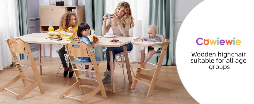 Cowiewie 3-in-1 Convertible Natural Wooden High Chair for Babies & Toddlers 3-Tier Remove & 2 Adjustable Wood Tray & 8 Levels Adjustable, 2 Waterproof Cozy Cushions Grey
