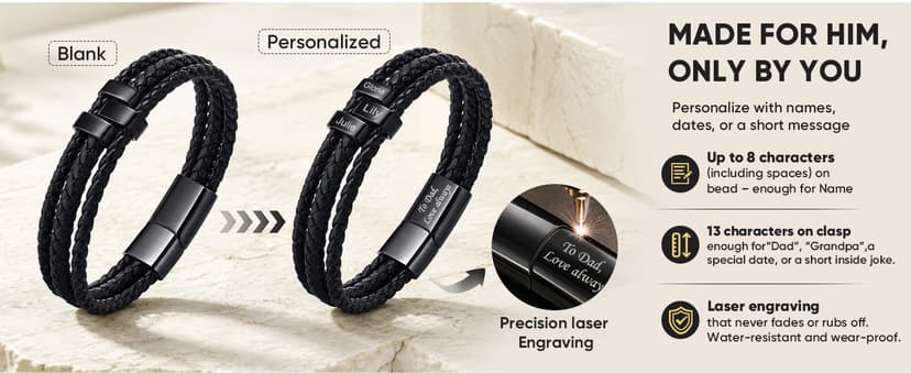 VNOX Fathers Day Gift for Dad Personalized Name Bracelet for Men Braided Leather Bracelets with Names Custom Beads Dad Bracelet for Husband Father,Personalized Gifts from Daughter Wife Son Kids B0CNGWVGGH