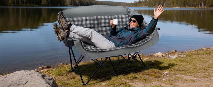 Double Camping Chair Loveseat - 2 Person Oversized Camping Couch for Adults Padded Heavy Duty Outdoor Lawn Beach Portable Folding Chairs with Cup Holders and Carry Bag Support 600lbs, Black/Grey