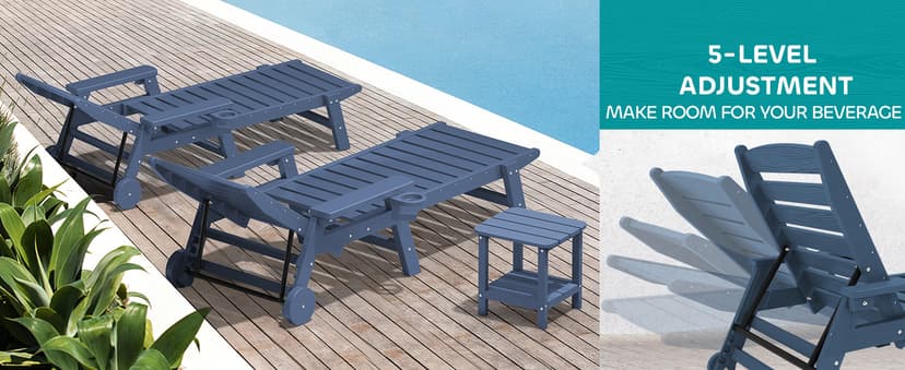 SERWALL Patio Chaise Lounge Chair Set of 2, 78'' Long 5-Positions Adjustable HDPE Outdoor Lounger for Pool, Poly Lounge Chair with Rolling Wheels & Cup Holder for Poolside, Deck, Blue