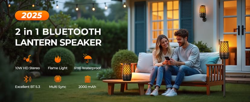 Outdoor Speakers Bluetooth Waterproof IPX6 with Flame Lights, Gadget Gifts for Dad Her Him, Hd Stereo Sound, BT 5.3 Multi-Sync to 100 Speakers, Portable Wireless Speaker for Patio Cafe Decor Party