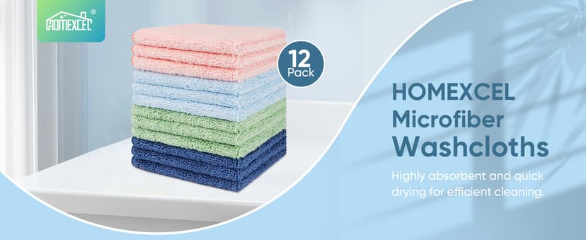 HOMEXCEL Microfiber Washcloths 12 Pack, Highly Absorbent and Soft Face Towel, Multi-Purpose Wash Cloths for Bathroom, Gym, Hotel, Spa and Kitchen, Multicolor 12x12 Inch