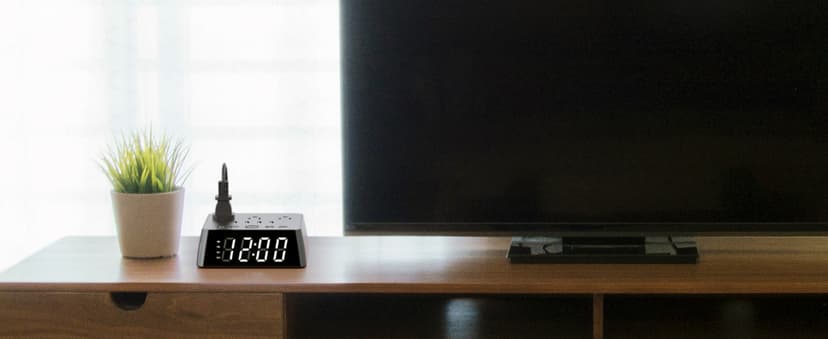 JACKYLED Alarm Clock with 4 USB Chargers Power Strip 3 Outlets 1700J Surge Protector Nightstand Dimmable Digital Clock with Dual Alarm and Snooze Function for Bedroom, Full Screen LED Display