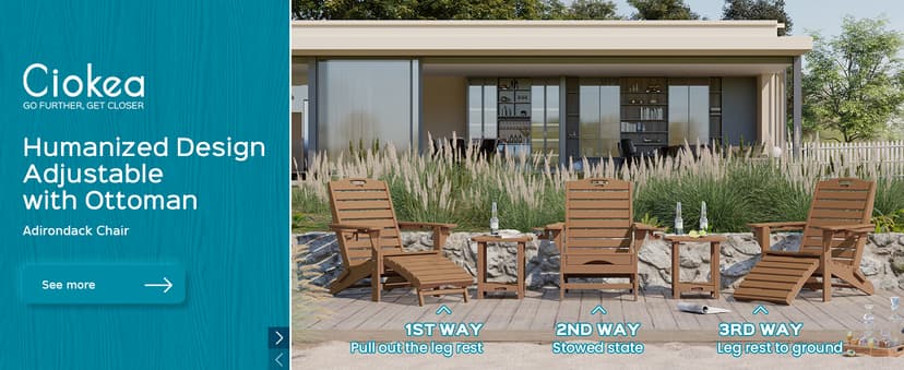 Ciokea Folding Adirondack Chair with Retractable Ottoman Fire Pit Patio Chair with Pull Out Foot Rest Weather Resistant Lawn Outdoor Lounge Chair with 2 Cup Holder (Grey)