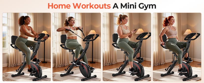 Pleny Folding Exercise Bike, 5 IN 1 Stationary Bikes for Home 6.6 LBS Flywheel, 330LB Weight Capacity Back Support Cushion Indoor Workout Cycling Bike for Home Gym