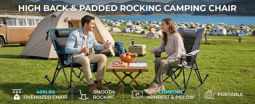 FUNDANGO Oversized Rocking Camping Chair for Adults, Portable Folding Lawn Chairs for Outside with Pillows, Wide Armrest, 2 Cup Holders, Carry Bag for Patio Garden Outdoor Supports 400Lbs (Black/Blue)