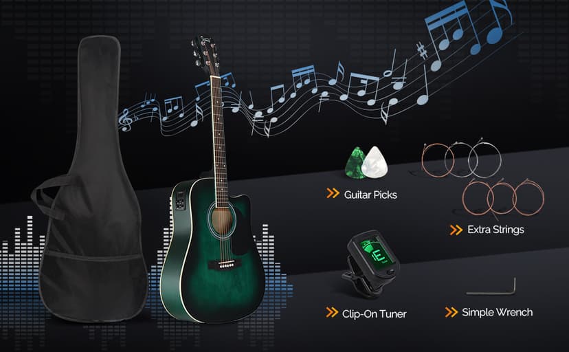 GLARRY Full Size 6 Strings Acoustic Electric Guitar Beginner Kit, Cutaway 41 Inch Electric Acoustic Guitar w/Inbuilt Tuner, Bag, Strap, Picks, Strings, Basswood Guitarra, Matte Distressed Green