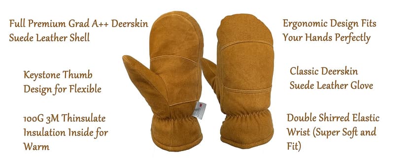 SKYDEER Premium Full Deerskin Suede Leather Soft Winter Mittens, Extra Warm 100G 3M Thinsulate, Thermal Insulated (SD3671M)