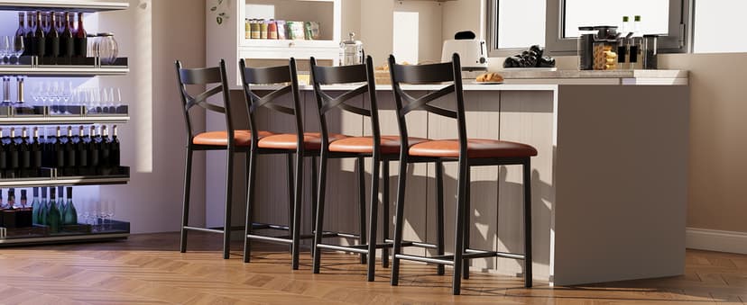 22" Bar Stools Set of 4, Counter Height Bar Stools with PU Upholstered Seat, Metal Frame Kitchen Bar Chairs with X-Design Back and Footrest for Kitchen Island, Counter Bar, Dining Room, Black
