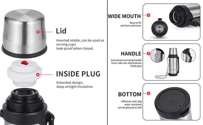 HoneyBee 41 Ounce,Vacuum Insulated Bottle,Coffee Thermos,Thermos for Hot Drinks. Twist and Pour TopThermos & Cleaning Brush. Commute, Travel, and Picnic Friendly Portable.Bpa-Free .(Silver)