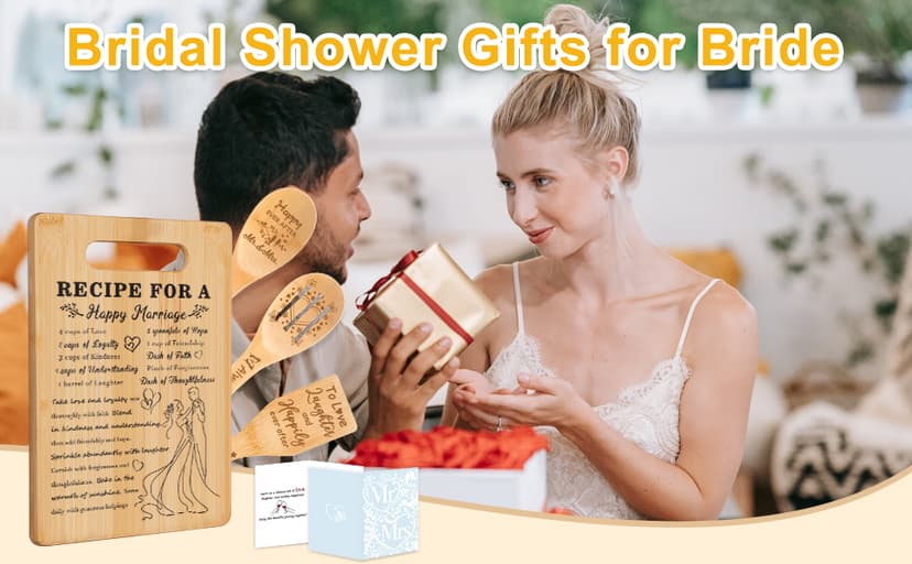Bride to Be Gifts, Happy Marriage Wedding Cutting Board, Spoon, Shovel, Leaky Spoon and Card, Engagement Gifts for Couples Wedding Gifts for Couples 2026, Bridal Shower Gifts Cutting Board Set B0HCVGS2TF
