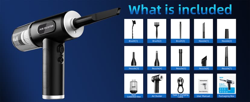 Compressed Air Duster & Vacuum Cleaner-3 Gear Adjustable 100000RPM Handheld Car Vacuum/Air Blower,Electric Air Duster with LED Light for Keyboard Electric Devices Cleaning.Replaces Compressed Air Cans