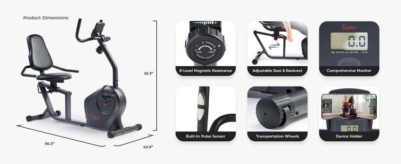 Sunny Health & Fitness Smart Heavy-Duty Recumbent Bike w/Wide Cushioned Seat & Back, Indoor Cycling Machine for Adult/Seniors Home Exercise, Free SunnyFit App Connect, Optional Workout Training Bands