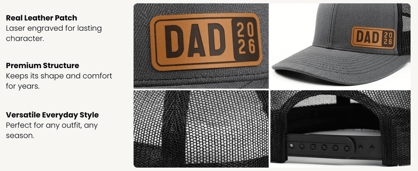 Dad Est 2025 2026 Hat for Men New Dad Gifts Customization Leather Patch Trucker Hat