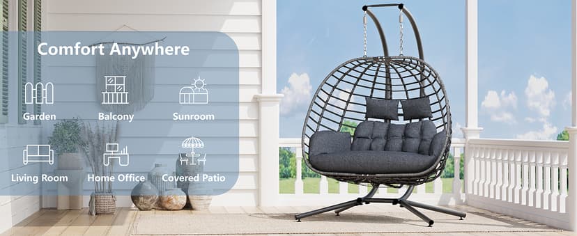 SWITTE Double Egg Swing Chair with Stand, Outdoor Patio 2 Person Hanging Wicker Hammock Chairs with Cushion for Indoor Bedroom, Lawn, Garden-Dark Grey