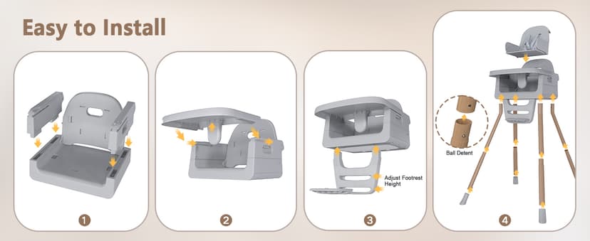 Baby High Chair for 6 Months+, Foldable High Chairs for Babies and Toddlers, Convertible High Chair, Adjustable Tray & Footrest, Portable High Chair & Easy to Clean(Grey with Wood Grain)