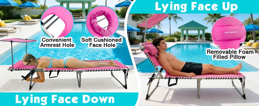 Outdoor Tanning Chair with Sun Canopy Shade & Face Hole, Folding Lounge Chair with Beach Table and Carry Bag for Poolside Sunbathing Lawn