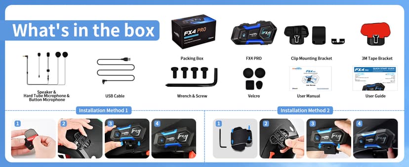 Fodsports FX4 Pro Motorcycle Bluetooth Headset, 4 Riders Group Motorcycle Intercom, 1200m Helmet Communication System with Hi-Fi Music/FM/Auto Call/Voice Control, Universal Pairing(Blue FX4 Dual)