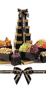 NUT CRAVINGS - Diwali Sweets Hamper Dried Fruit & Mixed Nuts Gift Basket in Black Tower + Ribbon (12 Assortments) Food Arrangement, Healthy Snack Care Package, Food Assortments