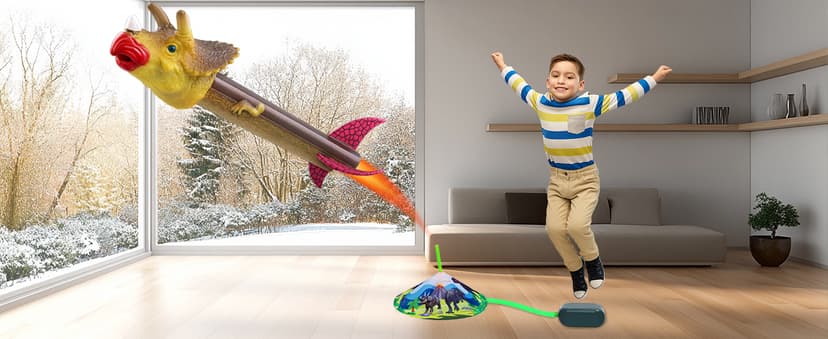 Dinosaur Toy Rocket Launcher for Kids - Launch Up to 100 Ft, 4 Rockets, Outdoor Outside Toys for Kids, Dinosaur Toys, Birthday Gifts for 3 4 5 6 7 8-12 Year Old Boys Girls